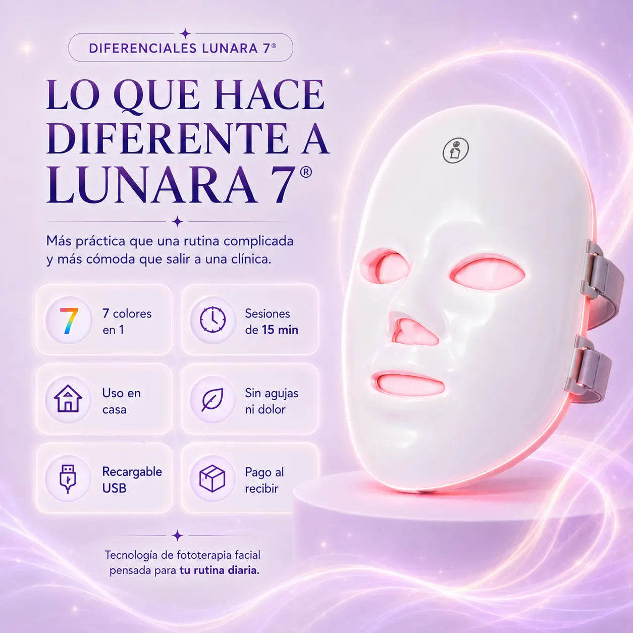 LUNARA 7® Mascarilla LED Facial – 7 colores para una piel más luminosa, uniforme y firme | Envío gratis