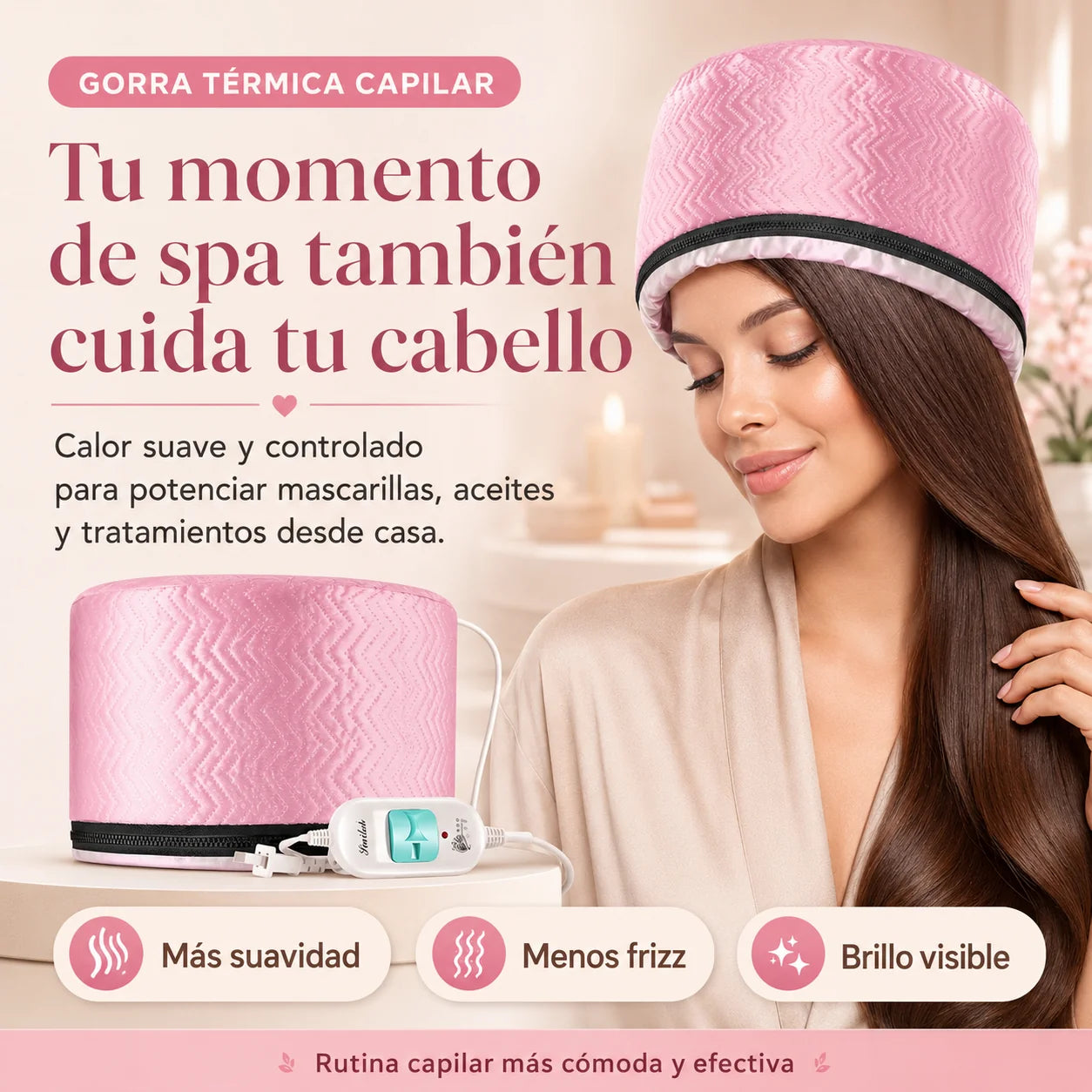 Gorra Térmica Capilar – 3 niveles de calor para potenciar mascarillas, reducir el frizz y dejar el cabello más suave y brillante | Envío gratis