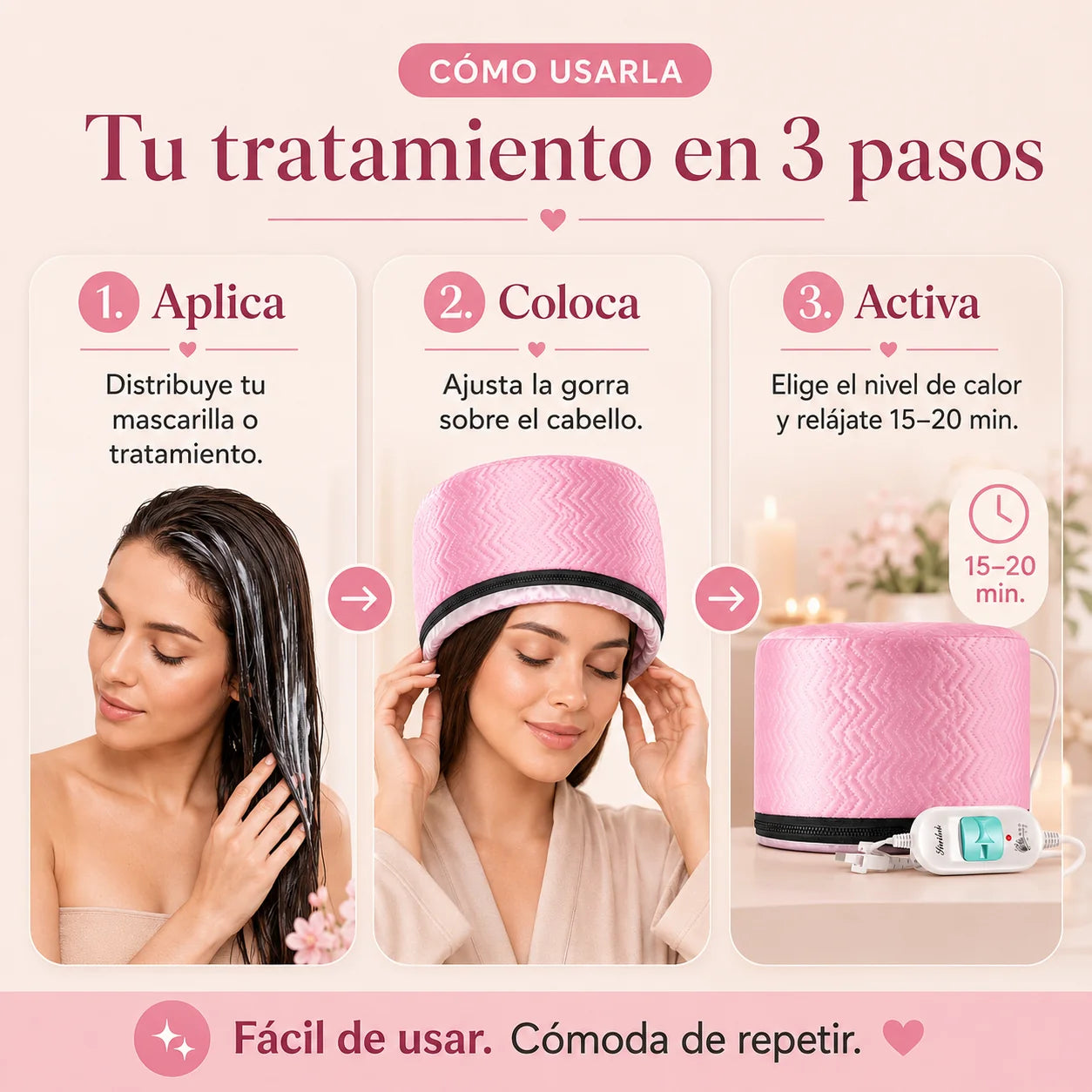 Gorra Térmica Capilar – 3 niveles de calor para potenciar mascarillas, reducir el frizz y dejar el cabello más suave y brillante | Envío gratis