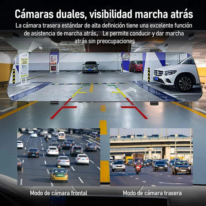 Retrovisor Inteligente ProVisionHD con Cámara Doble — Frontal 1080p + Reversa con Líneas de Guías