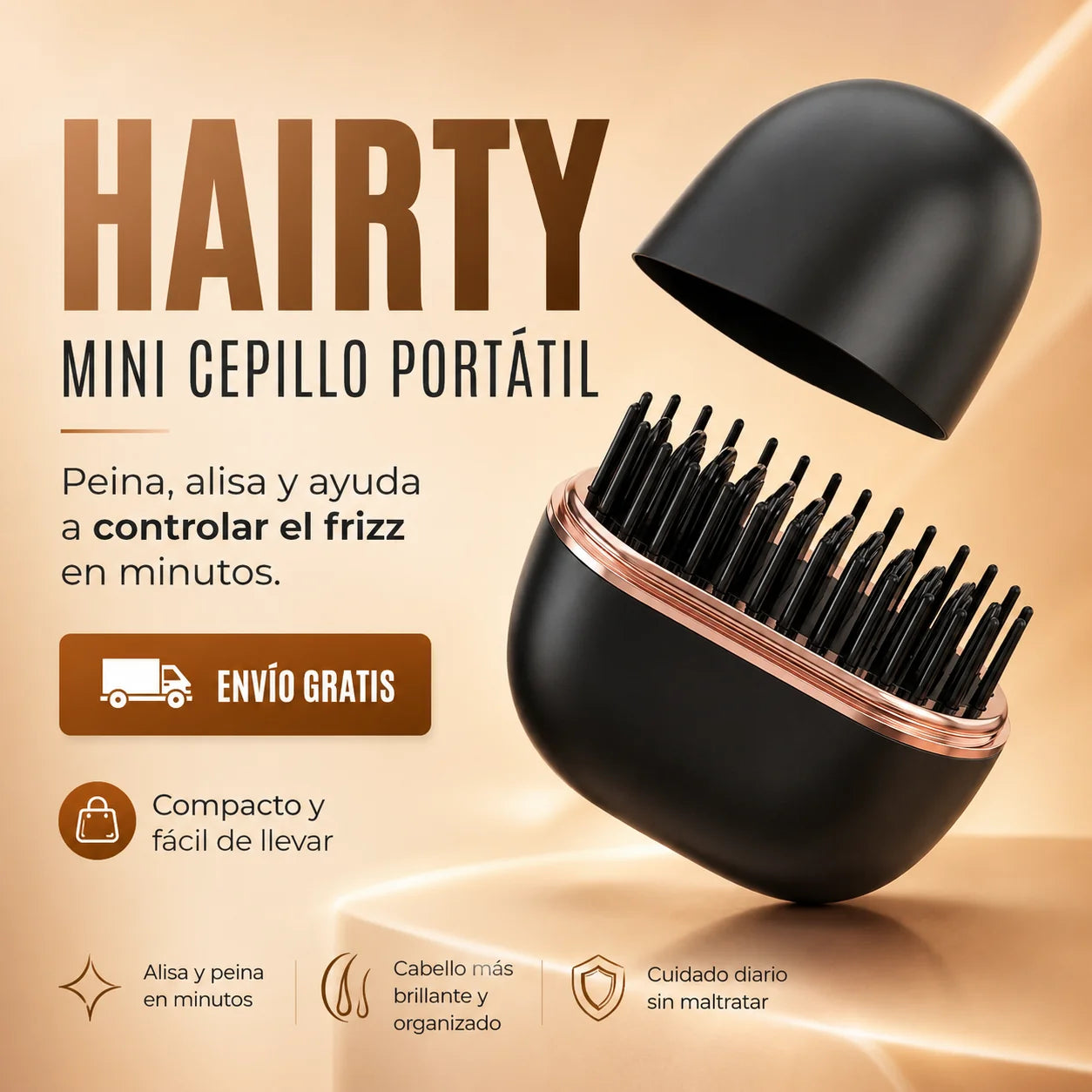 Hairty Mini Cepillo Portátil – Alisa en minutos, reduce frizz y deja más brillo | Envío gratis