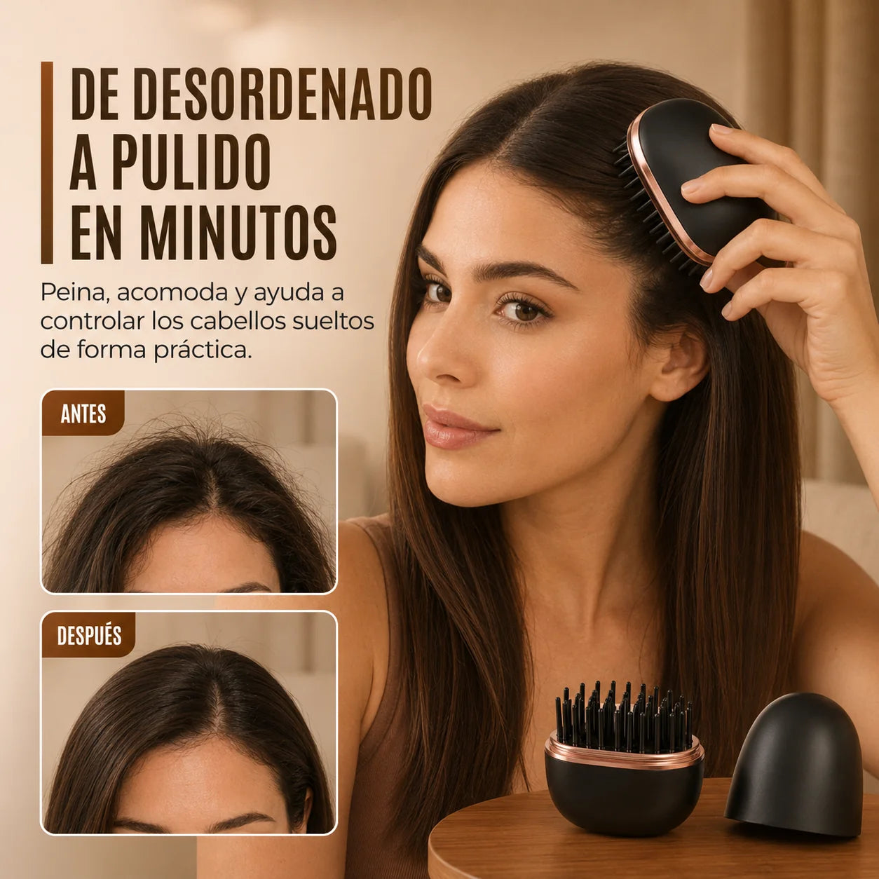 Hairty Mini Cepillo Portátil – Alisa en minutos, reduce frizz y deja más brillo | Envío gratis