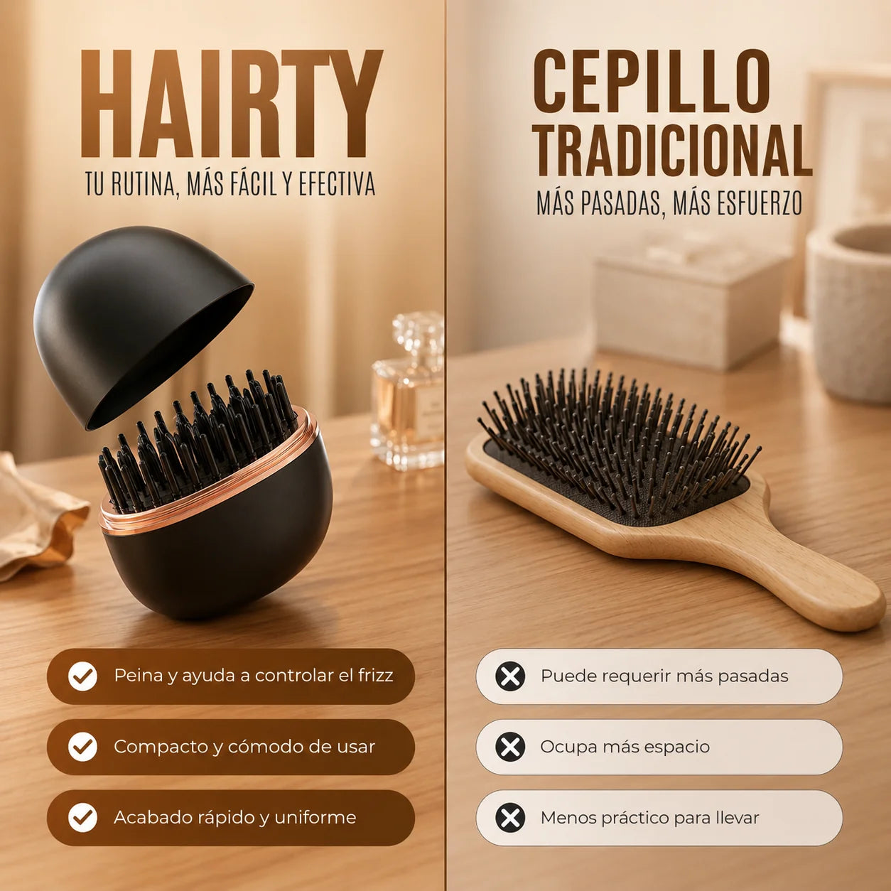 Hairty Mini Cepillo Portátil – Alisa en minutos, reduce frizz y deja más brillo | Envío gratis