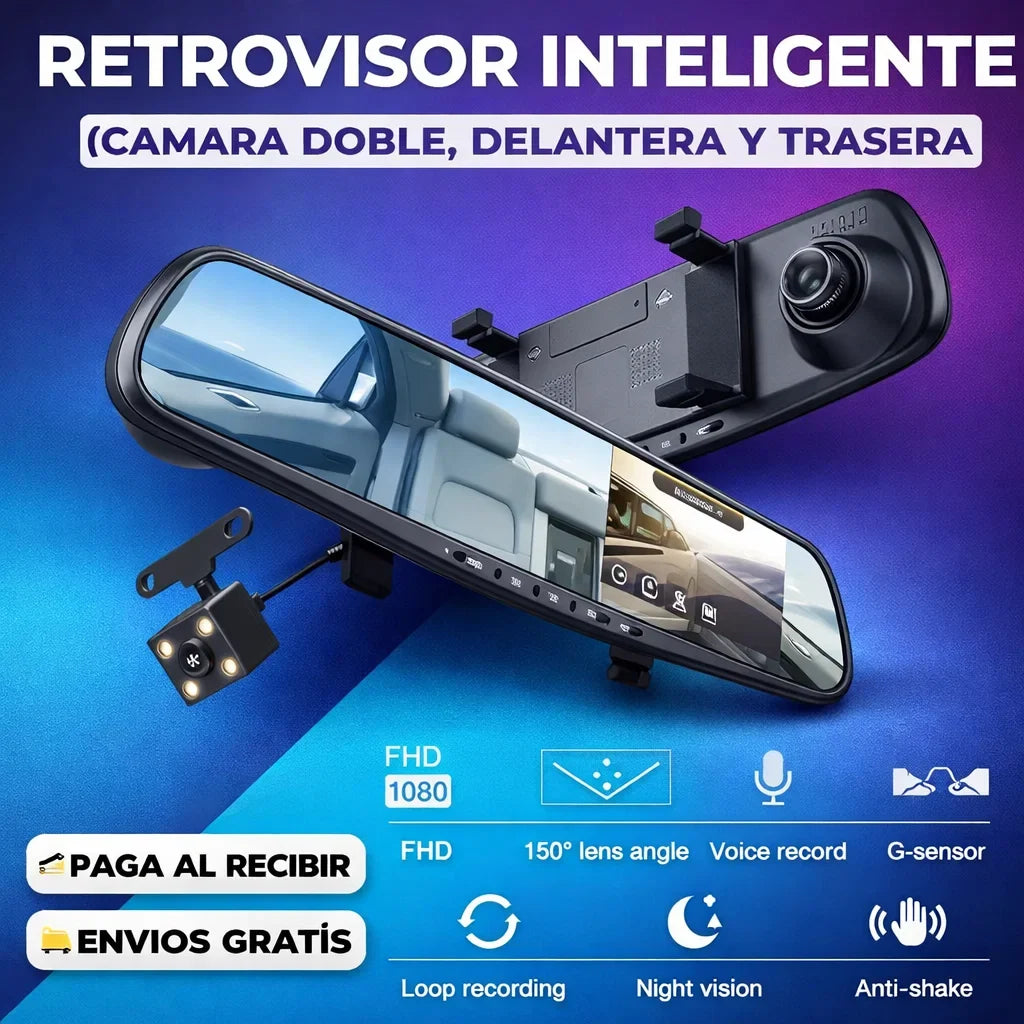 Retrovisor Inteligente ProVisionHD con Cámara Doble — Frontal 1080p + Reversa con Líneas de Guía