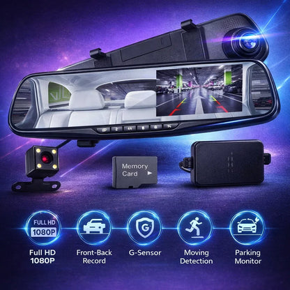 Retrovisor Inteligente ProVisionHD con Cámara Doble — Frontal 1080p + Reversa con Líneas de Guías